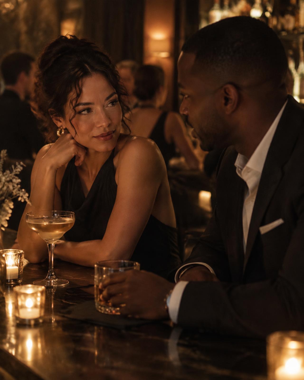 Two people sharing a quiet conversation at a candlelit bar